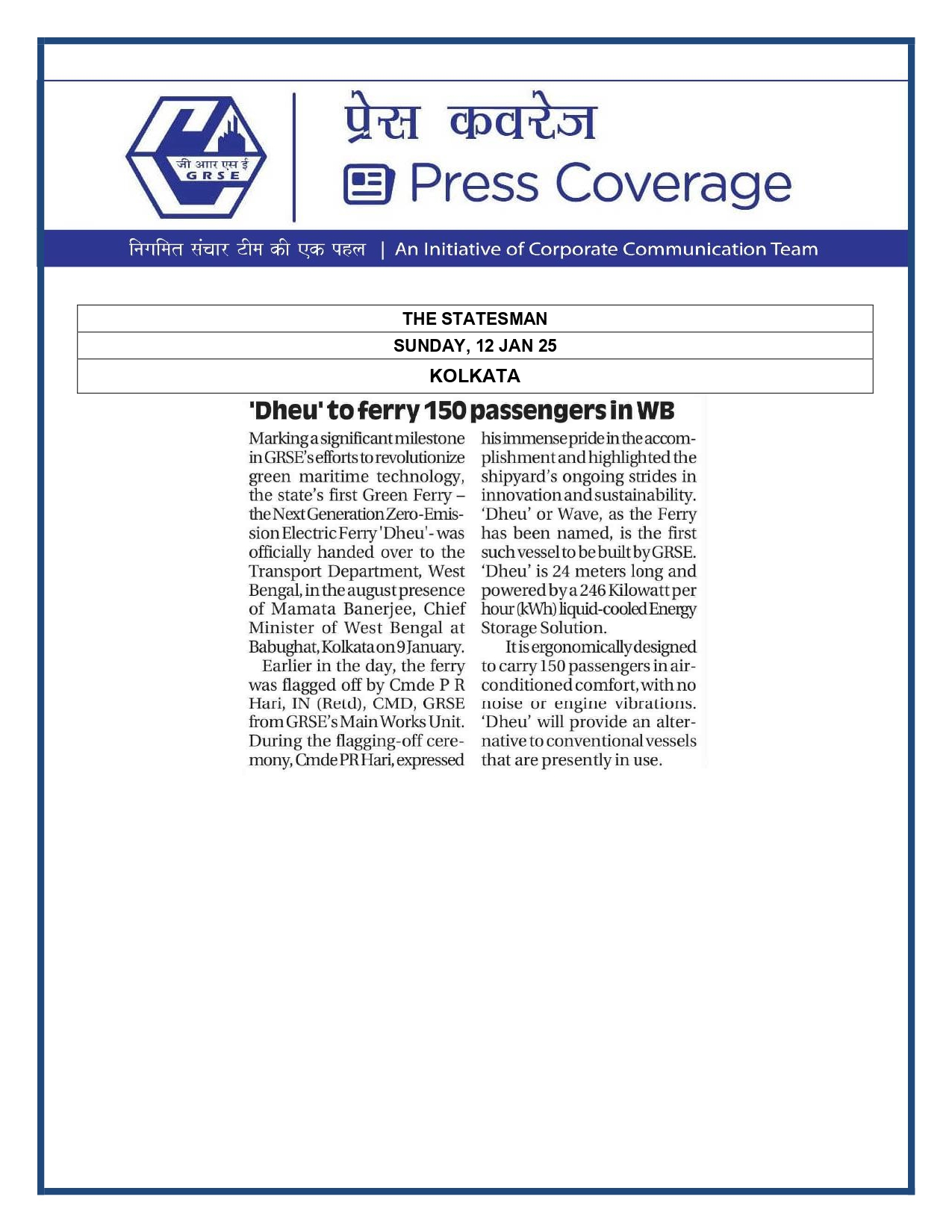 Press Coverage : The Statesman, 12 Jan 25: 'Dheu' to ferry 150 passengers in WB
